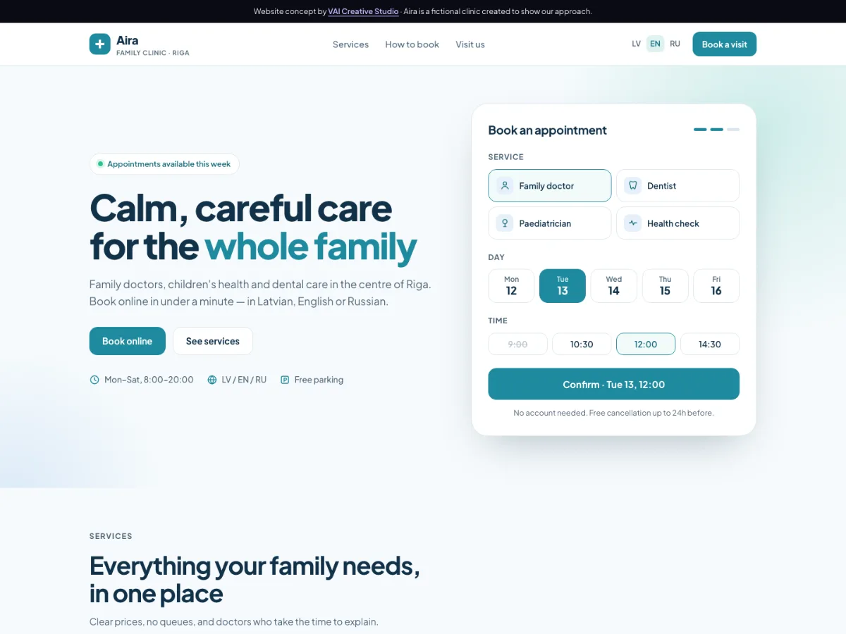 Concept homepage for a family clinic: headline with an online booking form for choosing a service, day and time