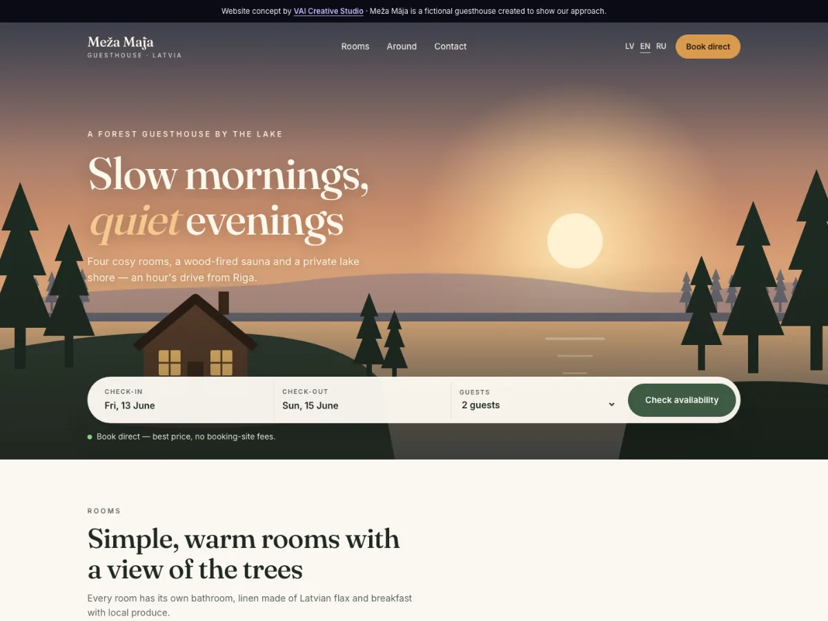 Concept homepage for a forest guesthouse: illustrated sunset over a lake with a direct booking bar