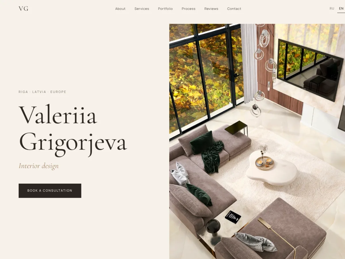Homepage of a live portfolio website for an interior designer in Riga: elegant serif headline and a large photo of a living room